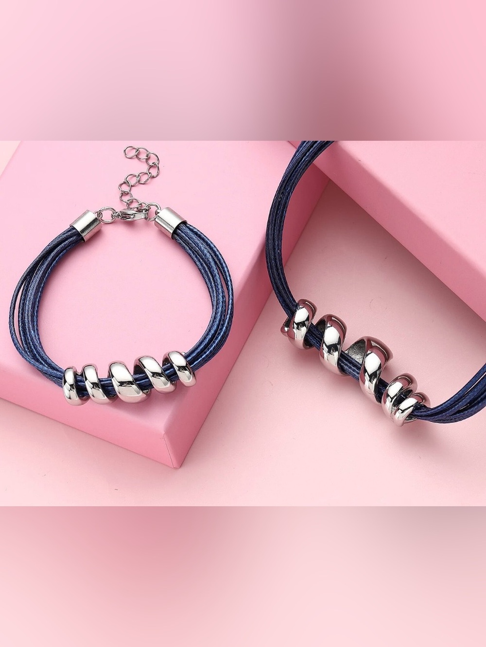 Blue Faux Leather Cord Bracelet 7” and Necklace 16” in Stainless Steel